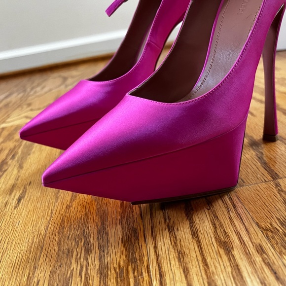 Amina Muaddi Pink Yigit Pointed Satin Platform Pumps in 40.5 - Picture 9 of 12